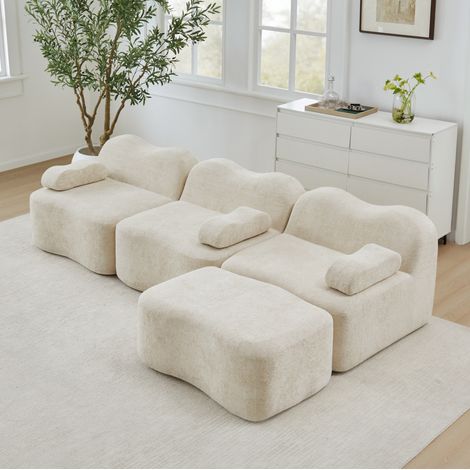 Canapé de esquina modular de terciopelo beige, 3 plazas con otomana, asiento profundo y diseño sin estructura (1/5)