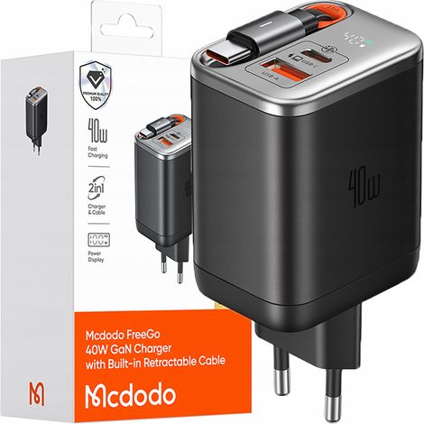 Cargador de pared rápido MCDODO, fuente de alimentación 3X USB-C PD USB GAN 40W, cable de 1 m.