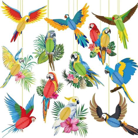 12 Pièces Décoration d'oiseaux Tropicaux, 2D Perroquet Decoration Suspendu, Jungle Déco Oiseaux, Décorations Suspendues de Perroquet pour Fête Tropicale D'été, Hawaïenne, Jungle, Jardin (1/5)