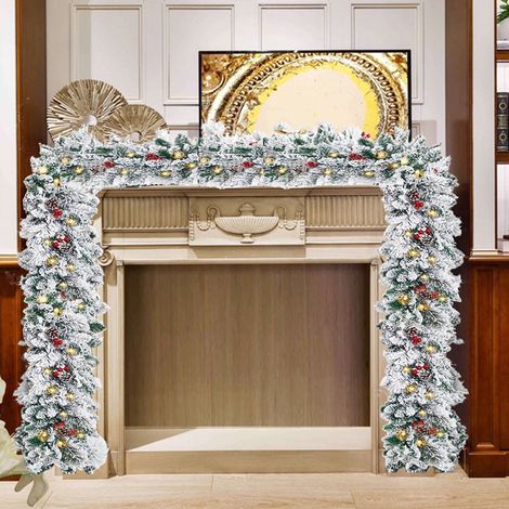 Rattan De Noël - 180 cm - 30 Lumières Intégrées - Floqué Neige Artificielle - Pommes De Pin Et Baies Rouges - Décoration Intérieure Et Extérieure - 1 Pièce (1/5)