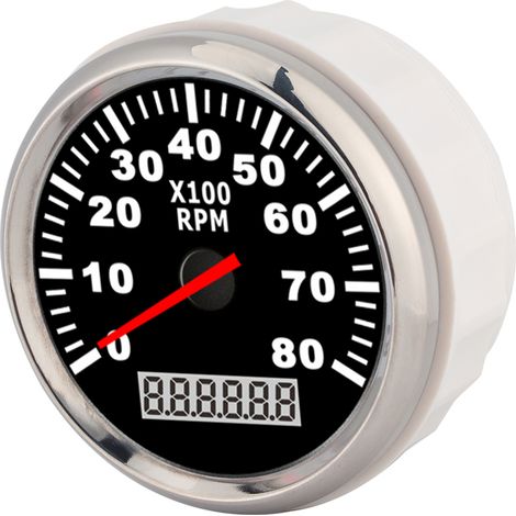 Tachymètre numérique 85mm 8000 tr/min Compteur horaire marin étanche Rétroéclairage LED rouge Compteur de vitesse pour bateau voiture 12V/24V Cadran noir liseré argent (1/5)