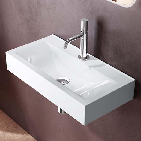 doporro Lavabo da Appoggio o Sospeso Rettangolare 60 cm in Ceramica Bianco Lucido con Foro Rubinetto, Lavandino Bagno a Parete per WC o Guardaroba – Brüssel118 (1/5)