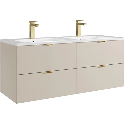 Meuble de salle de bain suspendu avec vasque à encastrer et robinet - Beige - 120 cm - LAVENA (1/5)