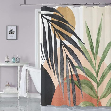 BEBUSINGOTO Cortina de ducha de tela bohemia de mediados de siglo, con diseño abstracto de hojas tropicales, 183 x 183 cm (1/5)