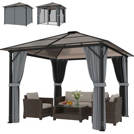 Pavillon toit polycarbonate. Rideaux moustiquaires. Aluminium. Gris foncé. 3x3 m (1/5)