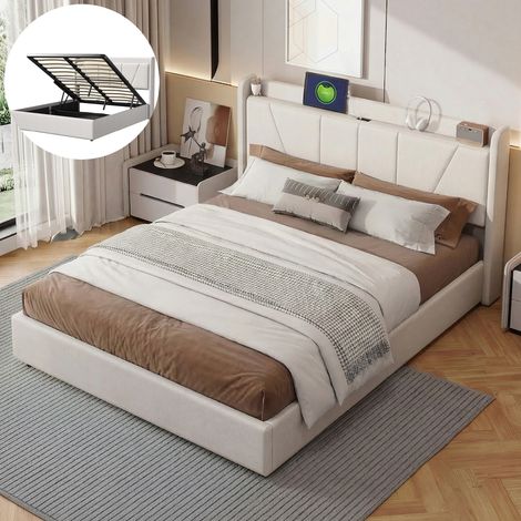 Lit coffre 160 x 200 cm, lit 160x200 avec sommier, lit adulte avec port USB, cadre de lit, avec tete de lit, Beige, matière lin