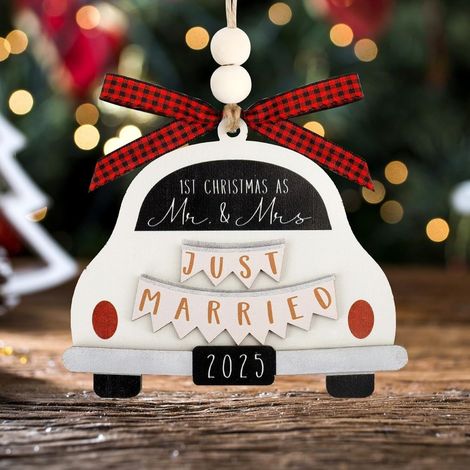 Ornement En Bois - Just Married 2025 - Décoration Mariage Nouveaux Mariés - Cadeau Célébration - Lot De 1 (1/5)