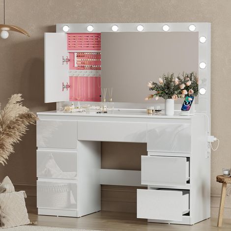 Coiffeuse avec Grande Miroir et Multiprise, 12 Ampoules LED Réglables, Table de Maquillage avec 7 Tiroirs, Rangement de Bijoux, Grande Commode Moderne (Blanc Brillant (Ampoules LED)) (1/5)