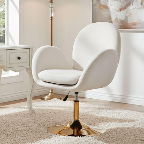 Wahson Silla de Tocador de Terciopelo, Giratoria y Altura Ajustable con Base Dorada para Dormitorio o Balcón, Blanco (1/5)