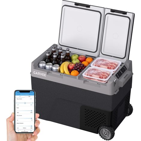 Glacière électrique à compresseur pour voiture 48 L bi-zone (réfrigérateur/congélateur) -20 à 20 °C, 12 V/230 V, contrôle via appli, roues + grand poignée, compatible batterie - Taille: Large handle +
