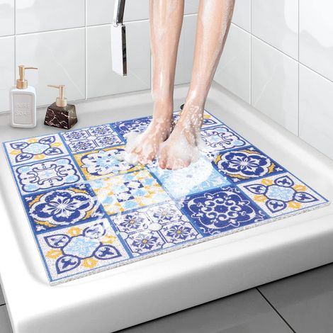 Tapis de Douche carré antidérapant 60x 60cm, Doux et Confortable avec Trous de Drainage, en luffa en PVC pour Douche, Baignoire, Salle de Bain, Zones humides, séchage Rapide (1/5)