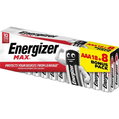 MAX, Pack de 18+8 pilas AAA, larga duración para uso cotidiano, sin sulfatación y 10 años vida útil