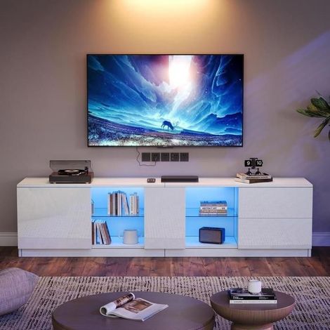 Meuble TV - KOMHTOM - 160x40x52 cm - Blanc brillant - LED intégré - 2 tiroirs & 1 placard (1/5)