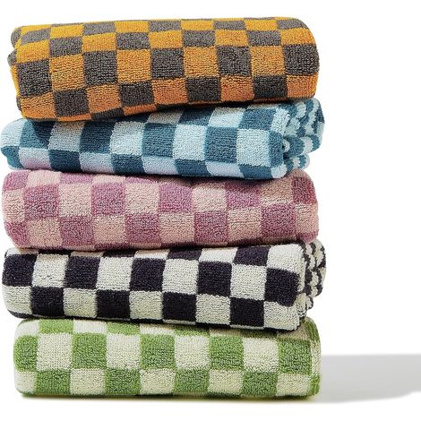 Lot de 5 essuie-mains luxueux en coton à carreaux doux, absorbants et décoratifs, accessoires salle de bain, cuisine, salle de sport et spa – 33 x 73 cm pour toutes les occasions