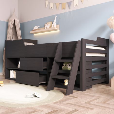 3ft Kids Low Loft Bed Frame Single Size Wooden bed Mid Sleeper w/Ladder - Large storage space - 90 x 190 cm - grey (1/5)