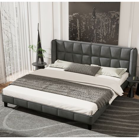 Cama doble tapizada descanso terciopelo gris OKMYHOME (1/5)