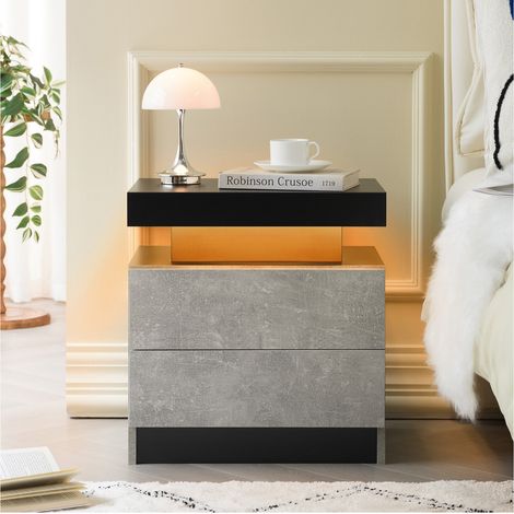 Table de chevet LED grise en bois d'ingénierie avec 2 tiroirs et rangement (1/5)