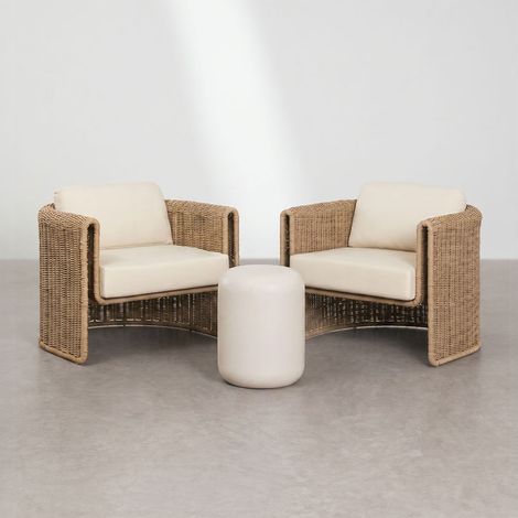 Conjunto de salón con 2 sillones en acero y ratán sintético Lina y mesa auxiliar redonda Ø35 cm en cemento Fonelas SKLUM (1/5)