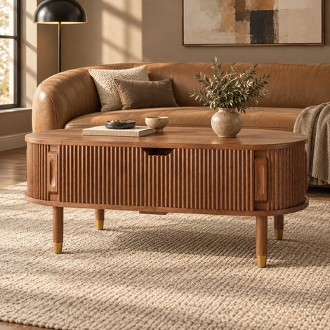 Mesa de centro elevable ovalada 110x48x57 cm MDF nogal con almacenaje - CHICFURN (1/5)
