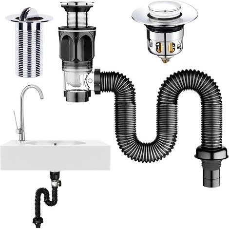 Ensemble de vidange pour évier : Kits de vidange anti-odeurs pour évier de cuisine - tuyau de vidange, siphon pour évier de cuisine avec flexible extensible de 440 à 995 mm (1/5)