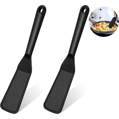 Spatule en silicone 2 pièces avec long manche, mini-ustensile de cuisine antiadhésif et résistant à la chaleur (25,5 cm), noir, pour omelettes, pâtes, poisson, crêpes, œufs, pizzas, steaks (1/2)