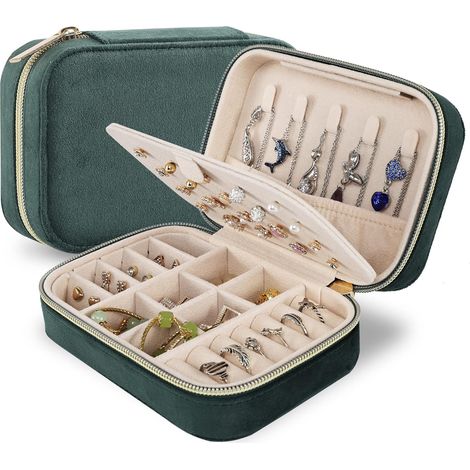 Boîte à bijoux de voyage en velours, mini étui à bijoux de voyage, petit organisateur de bijoux de voyage portable pour femmes et filles (vert) (1/5)