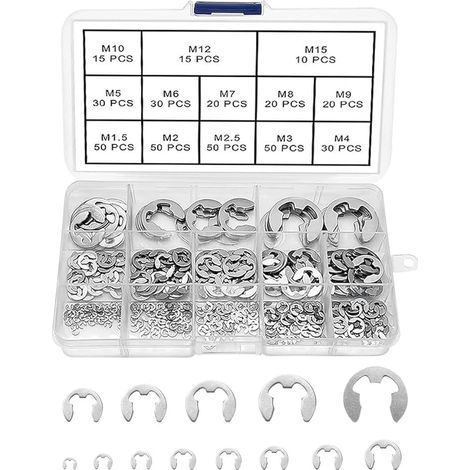 390 Pièces Bague de Retenue Eexterne Snap Kit, En Acier Inoxydable E-Clip Anneau de Retenue Externe Snap Kit, 13 Tailles M1.5/2/2.5/3/4/5/6/7/8/9/10/12/15 avec Boîte en Plastique (1/5)