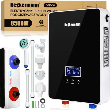 Calentador de agua eléctrico instantáneo Heckermann DSK-60 de 8,5 kW, color negro.