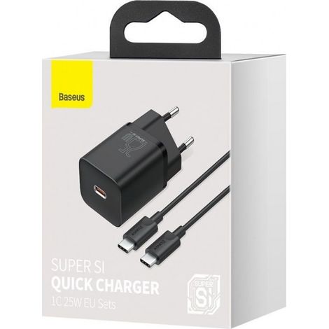 Cargador de pared rápido Super Si QC PD de 25 W y 3 A + cable USB-C de 1 m (negro) (1/5)