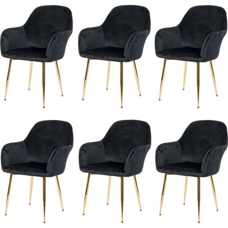 6er-Set Esszimmerstuhl HHG-240, Stuhl Küchenstuhl, Retro Design Samt schwarz, goldene Beine