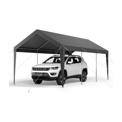 Carport, 3,05 x 6,09 m, Abri de Voiture Robuste avec Cadre en Acier, Abri de Garage Extérieur, Résistant aux UV et à l'Eau, Protection Toutes Saisons, Auvent pour Voitures, Bateaux, Moto, Gris (1/3)