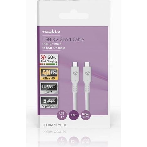 Nedis USB-Kabel / USB 3.2 Gen 1 / USB-C™ Stecker / USB-C™ Stecker / 60 W / 4K@60Hz / 5 Gbps / Vernickelt / 3.00 m / Rund / PVC / Weiss / Box