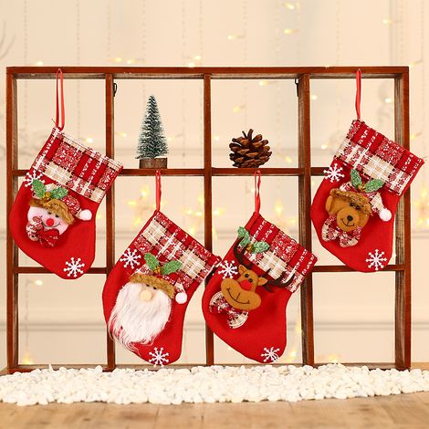 Weihnachtsdekoration, 4-teiliges Weihnachtssocken-Set, Geschenktüte zum Aufhängen, Hirsch + alter Mann + Schneemann + kleiner Bär – Stil 3