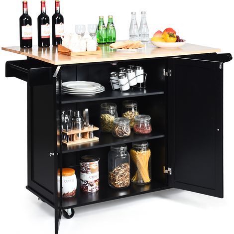Carrello da cucina a ribalta, Isola da cucina con portaspezie portasciugamani cassetto battilardo armadio Nero (1/4)