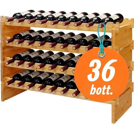 Relaxdays Scaffale Portabottiglie, 36 Bottiglie, Bambù, A/L/P 55x85x25,5cm, Vino Rosso/Bianco, Impilabile, Naturale