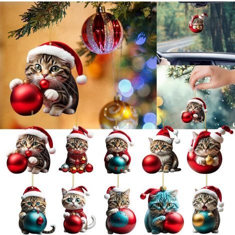 Set mit 10 katzenförmigen Weihnachtsbaumkugeln – 2D-Acryl – Lustige Dekoration für Veranda, Flur, Büro – Feiertage (1/5)