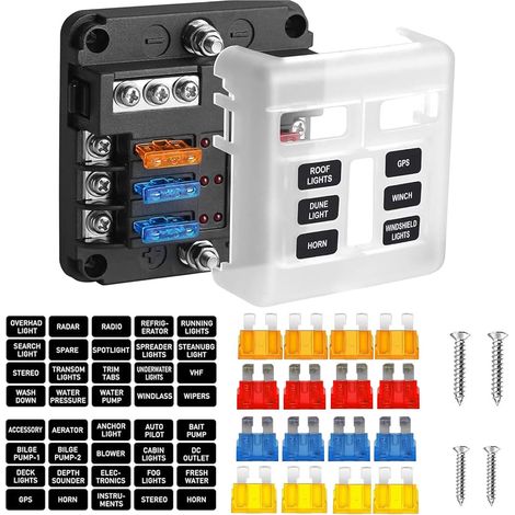 6 Way Fuse Box, Car Fuse Holder with LED Warning Indicator, 6 Circuits with Negative Bus Fuse Box for DC 12-24V Automotive Boat Marine Truck SUV (1/5)