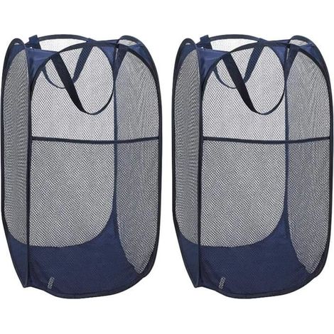 WOVTE lot de 2 Paniers à linge, grand 60 litres pop-up, panier en filet pliable avec poignées de transport - Bleu Foncé (1/4)