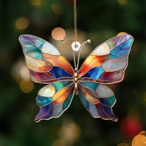 Ornement papillon vitrail acrylique – Attrape-soleil coloré à suspendre, décoration pour sapin Noël, jardin (multicolore)