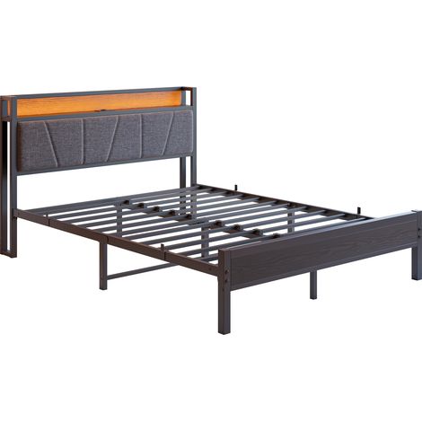 Cadre de lit 140x200cm avec lumières LED intelligentes, tête de lit avec station de charge USB, plateforme de soutien en lattes métalliques robustes, silencieux, montage facile, sans sommier requis