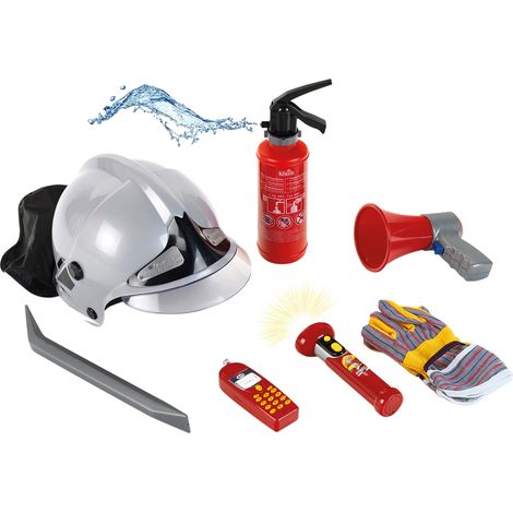 Set de pompier Avec 7 accessoires dont un casque, une lampe-torche électronique et beaucoup d’autres choses Extincteur avec fonction pulvérisation Dès 3 ans (1/4)
