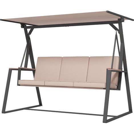 Hollywoodschaukel 3-Sitzer Schaukelbank mit Kissen und verstellbarem Dach bis 300 kg Khaki 205x130x175 cm für Garten und Terrasse