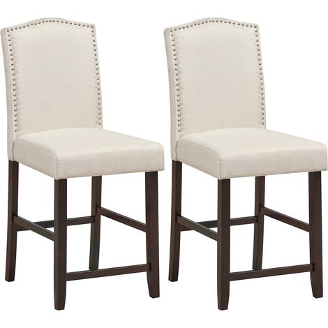 COSTWAY Lot de 2 Chaises de Bar avec Dossier Haut, Chaise Salle à Manger en Tissu en Lin avec Siège Rembourré, Pieds en Bois d'Hévéa, Design 52 Clous, 46 x 56 x 104 cm(Beige) (1/5)