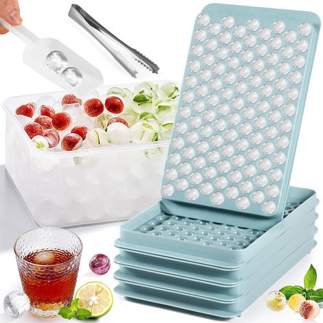 Mini bacs à glaçons, 4 x 104 petits glaçons, support à glaçons, forme sphérique de 1,4 cm, pour rafraîchir boissons, café, jus (4 pastilles bleues, récipients, pelle et pince à glaçons, 4 x 104 glaçon (1/5)