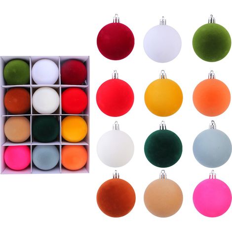 12 hängende, beflockte Baumkugeln, Weihnachtsbaumkugeln, Dekorationen für Feste, Partys und Zuhause, mehrfarbig (1/2)