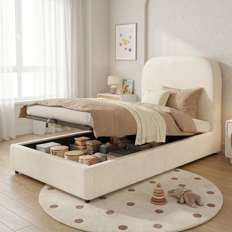 Lit enfant 90x190 cm hauteur réglable hydraulique sommier lattes tête de lit velours beige rangement
