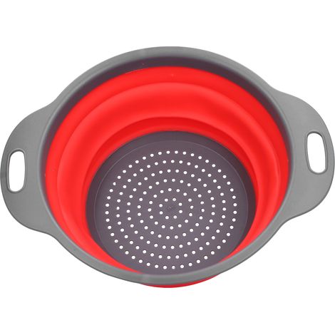 Égouttoir rond pliable en silicone avec poignée pour fruits et légumes, rouge, petit format. (1/5)
