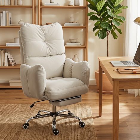 Chaise de bureau avec repose-pieds, chaise pivotante ergonomique avec fonction bascule, dossier haut réglable, tissu flanelle neige
