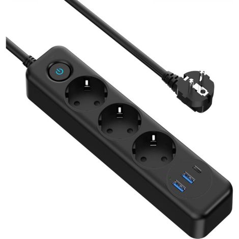 Multiprise 3 Prises avec USB C PD 20 W Charge Rapide et 2USB A, 4000W/16A Multiprise Parasurtenseur Parafoudre et Surtension avec Interrupteur Cable 2 M pour Maison Bureau, Noire (1/4)