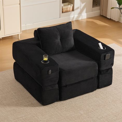 Canapé Convertible 1 Place - 122x98x80cm - Chauffeuse Pliante en Velours Côtelé avec Ressorts, Porte-Gobelet - Noir (1/5)